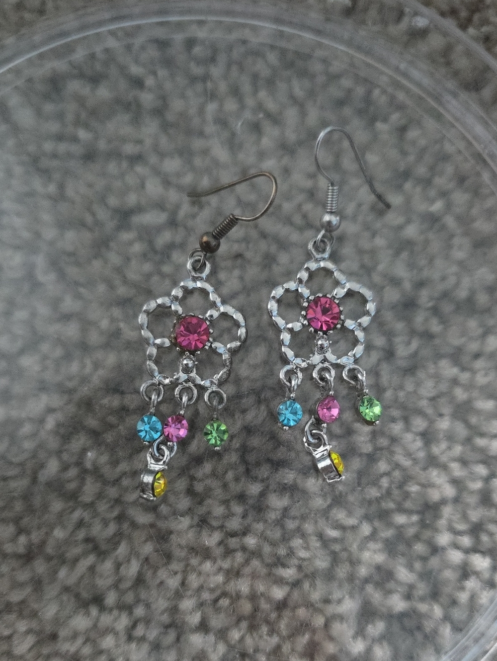 Silver Floral Dangle Earrings with Pink, Blue, Green & Yellow Stones